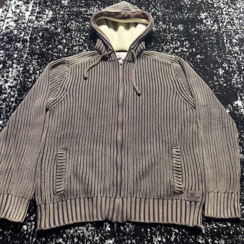 32 Bar Blues Mens XL Brown Ribbed Knit Sherpa Lined Full Zip Hoodie Y2K Skater